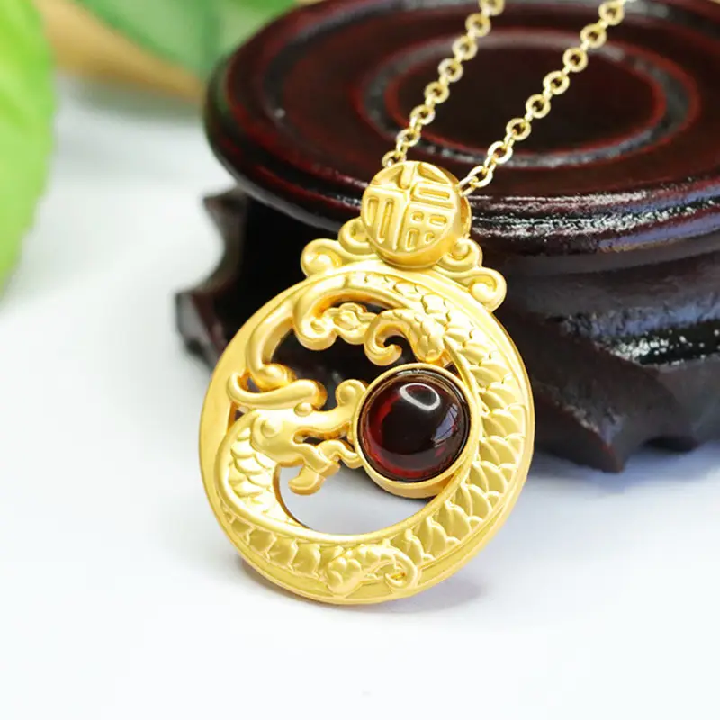 Gold Zodiac Dragon Necklace with Blood Amber Pendant - Image 3