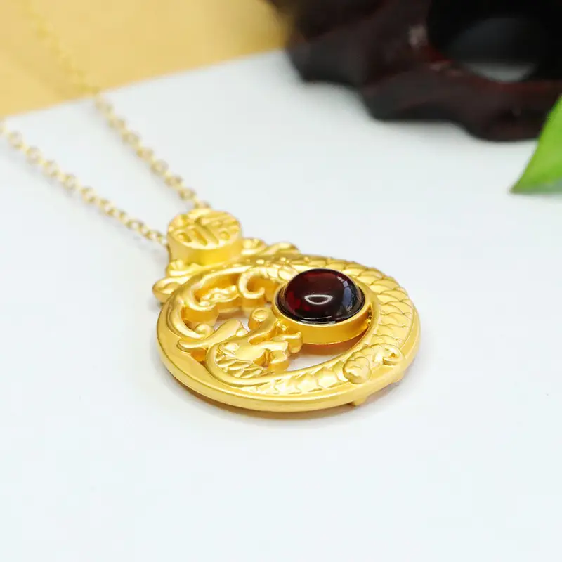 Gold Zodiac Dragon Necklace with Blood Amber Pendant - Image 4