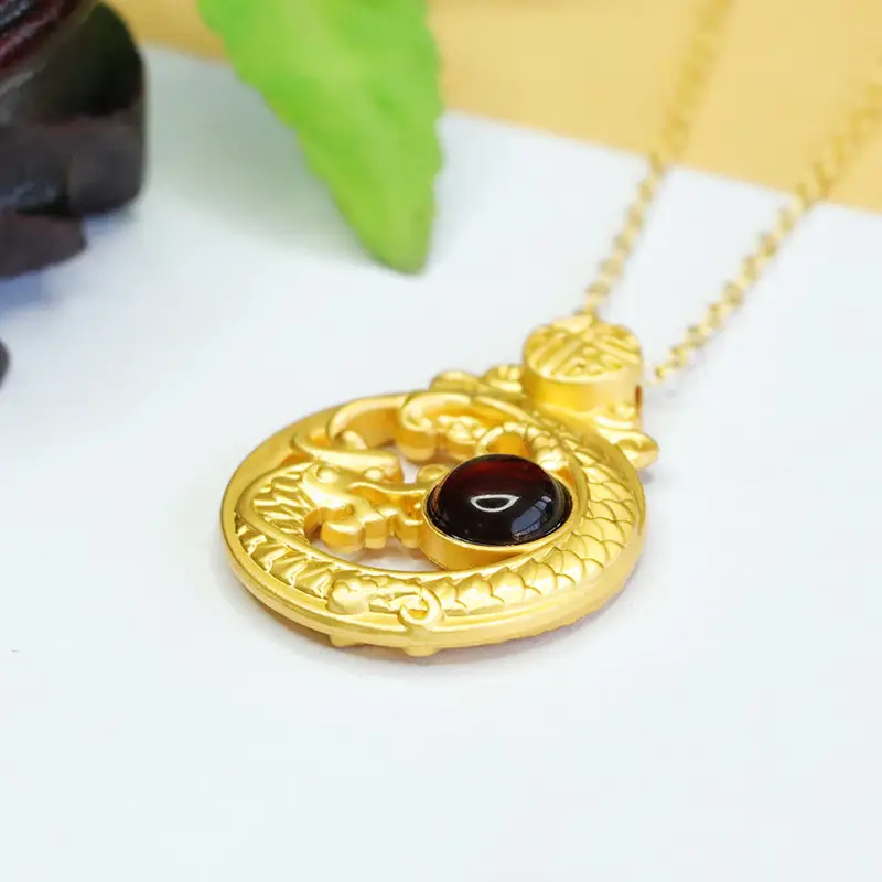 Gold Zodiac Dragon Necklace with Blood Amber Pendant - Image 5