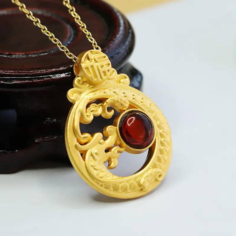 Gold Zodiac Dragon Necklace with Blood Amber Pendant - Image 6
