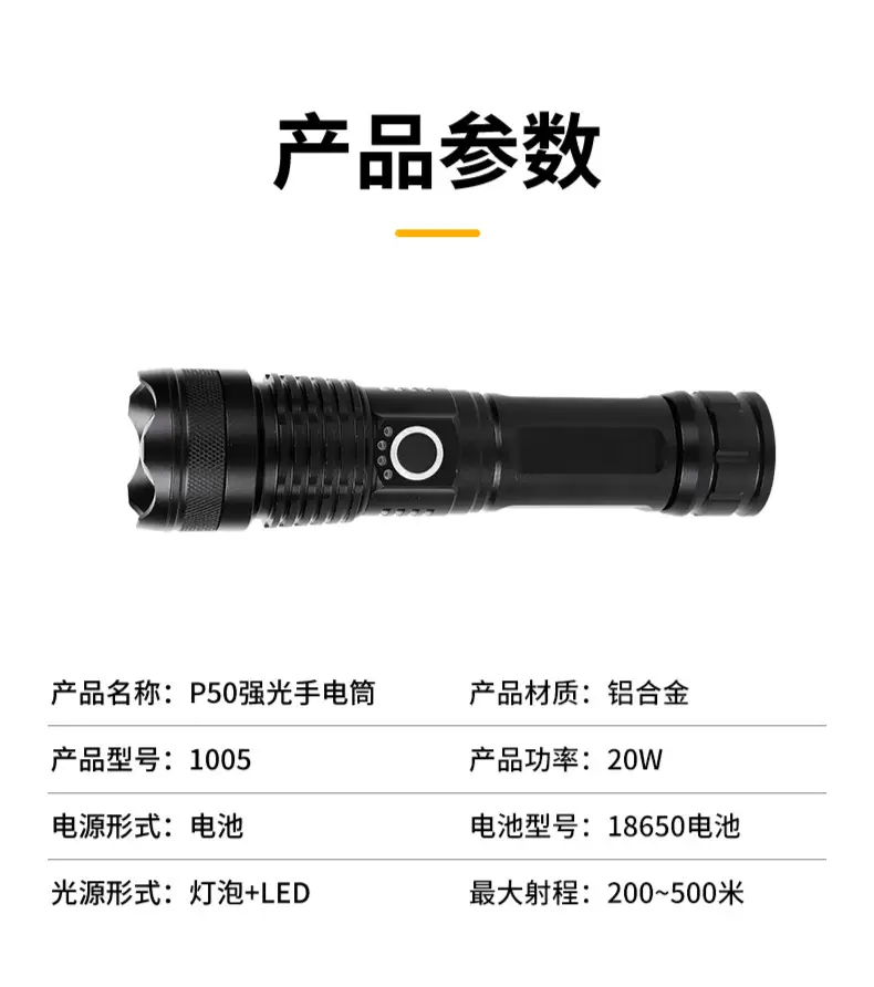 Cross-border P50 Outdoor Rechargeable Flashlight Multi-functional Aluminum β feature 14