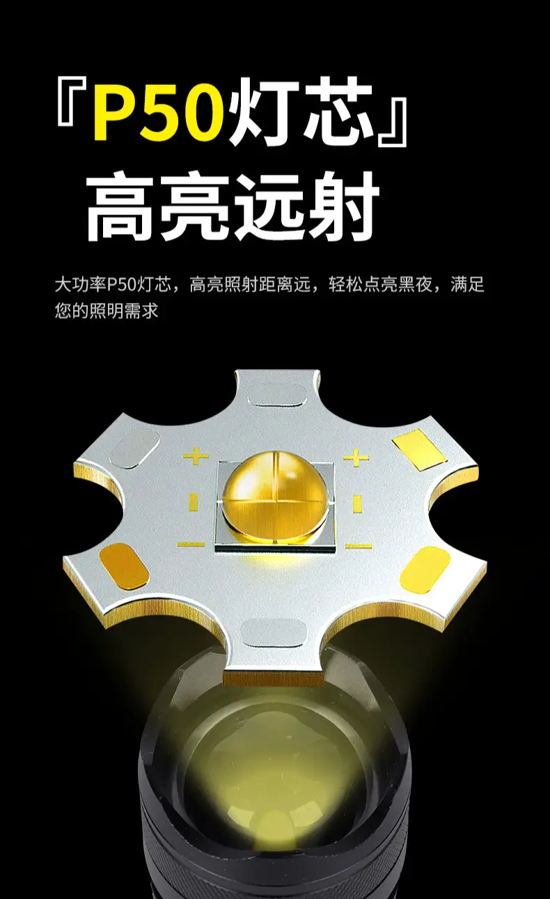 Cross-border P50 Outdoor Rechargeable Flashlight Multi-functional Aluminum β feature 5