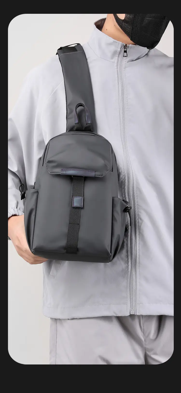 Men's Grey Nylon Shoulder Bag Winter Casual Riding Messenger — feature 11