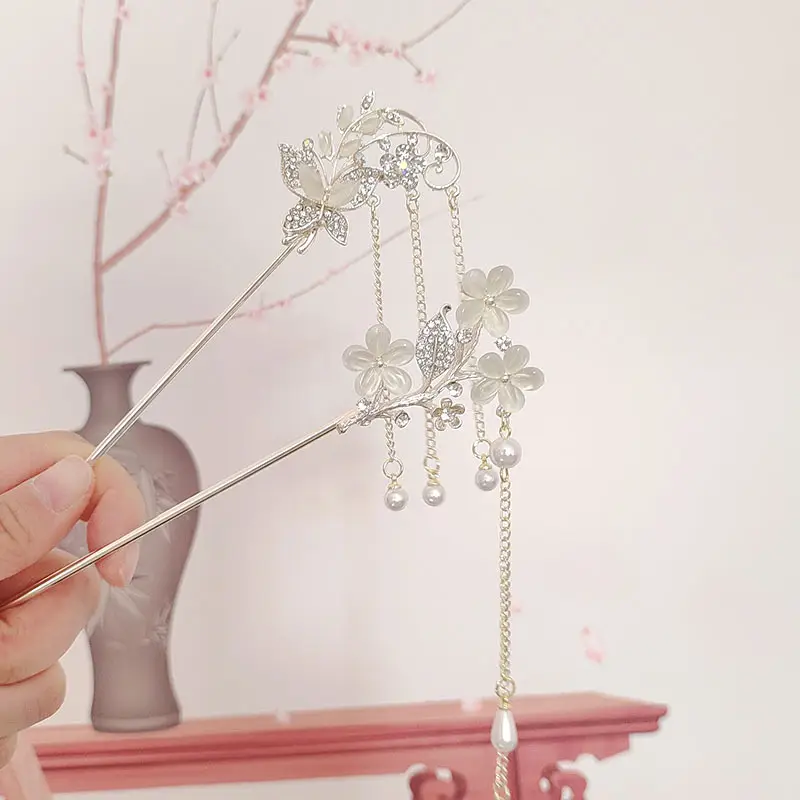 New Chinese Flower Cat Eye Tassel Hairpin High Grade