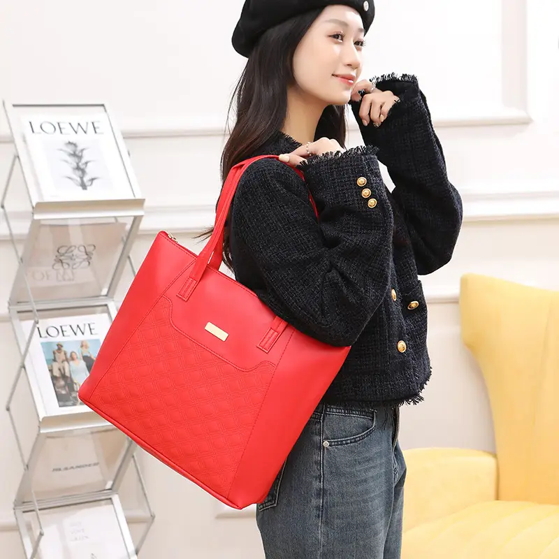 Red Diamond Embossed Tote Bag with Sequins - Image 9