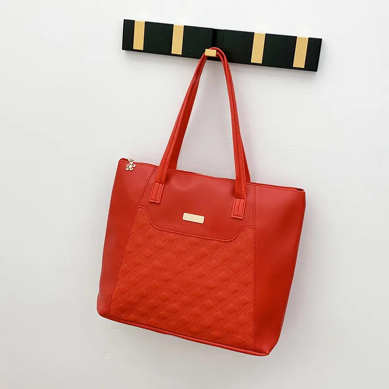 Red Diamond Embossed Tote Bag with Sequins - Image 4