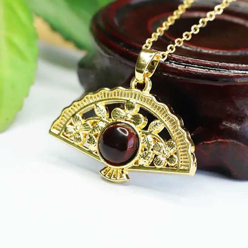 Aiyu Fan Necklace with Natural Amber Pendant - Image 3