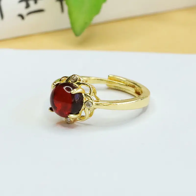 Vintage Red Amber Ring with Crystal Accents - Image 3