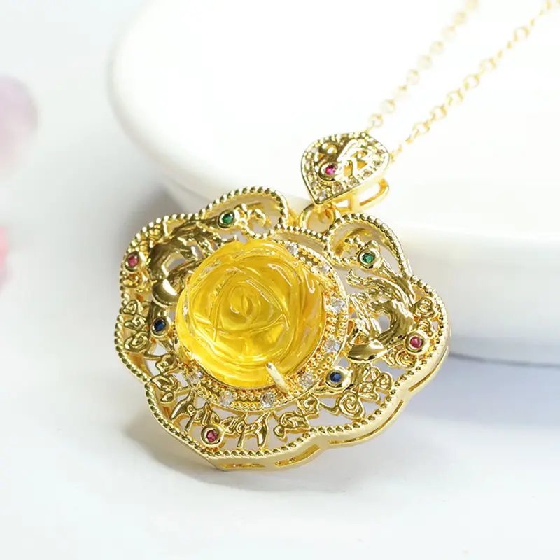 Natural Amber Pendant Gold Necklace for Women