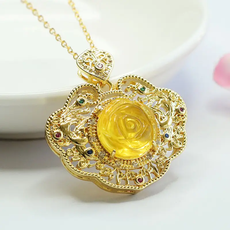 Natural Amber Pendant Gold Necklace for Women