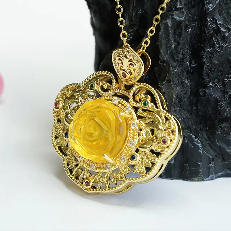 Natural Amber Pendant Gold Necklace for Women