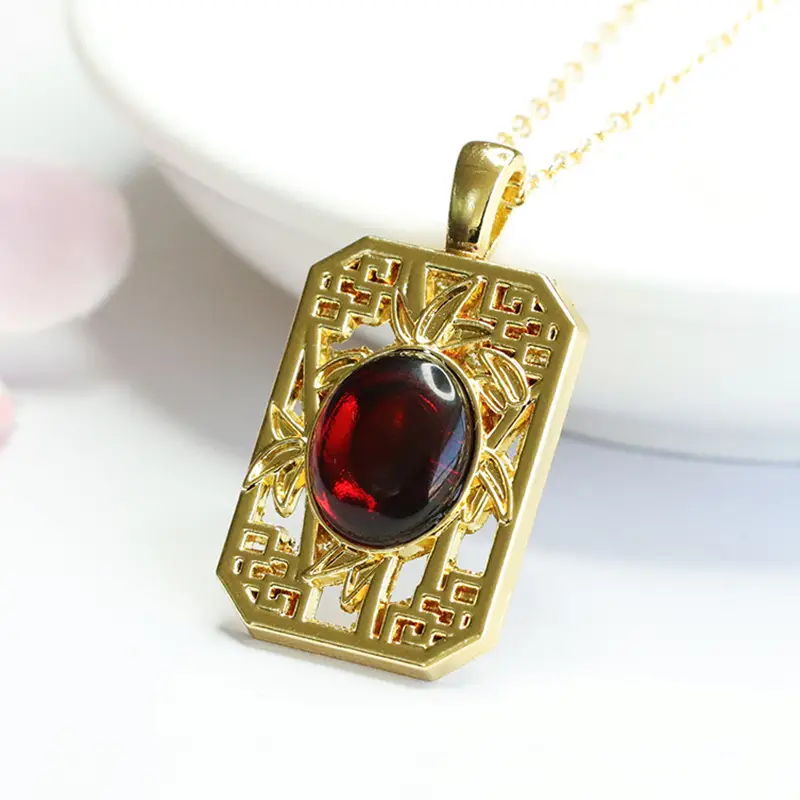 Natural Amber Square Pendant Necklace Ethnic Gold - Image 3