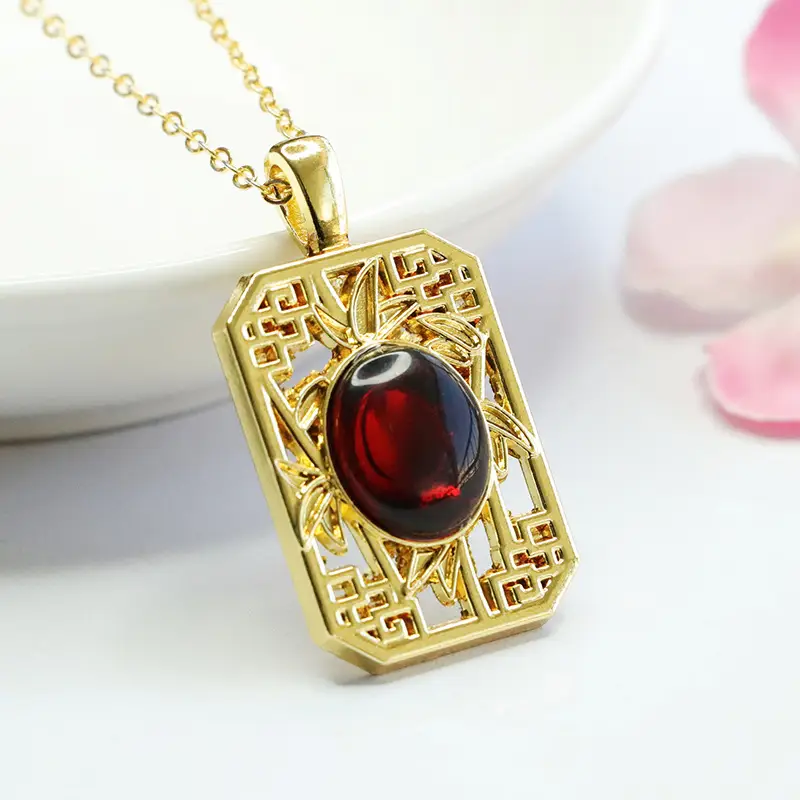 Natural Amber Square Pendant Necklace Ethnic Gold - Image 4