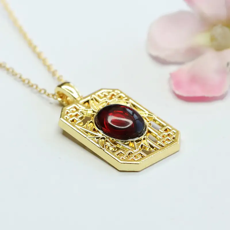 Natural Amber Square Pendant Necklace Ethnic Gold - Image 5