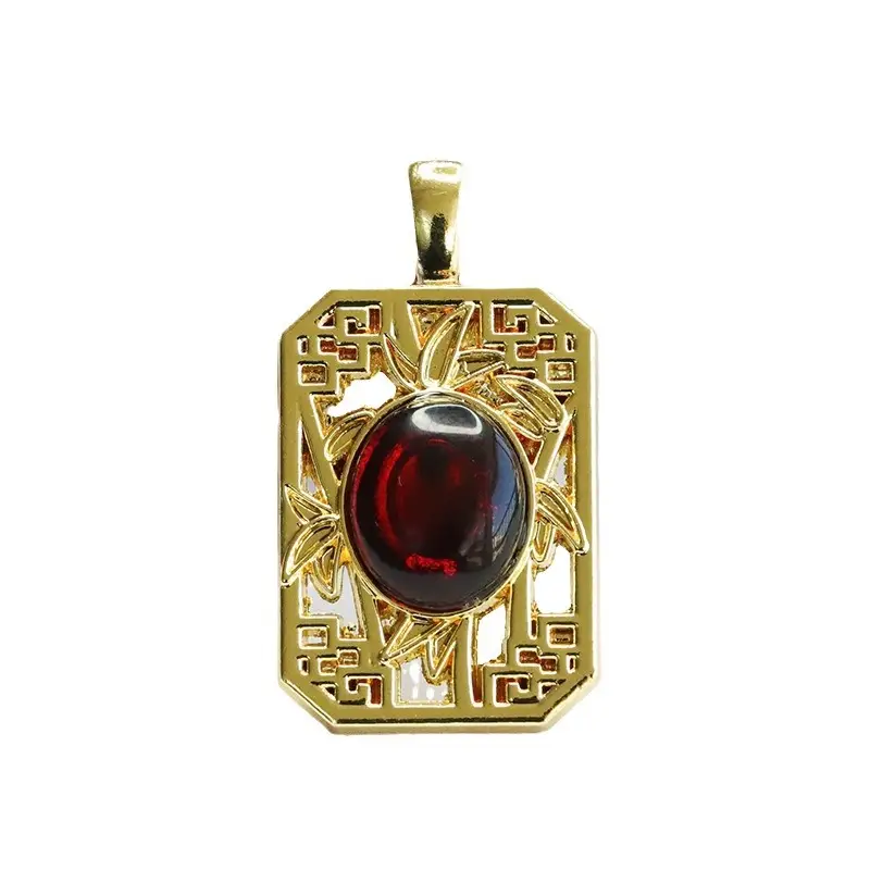 Natural Amber Square Pendant Necklace Ethnic Gold - Image 6
