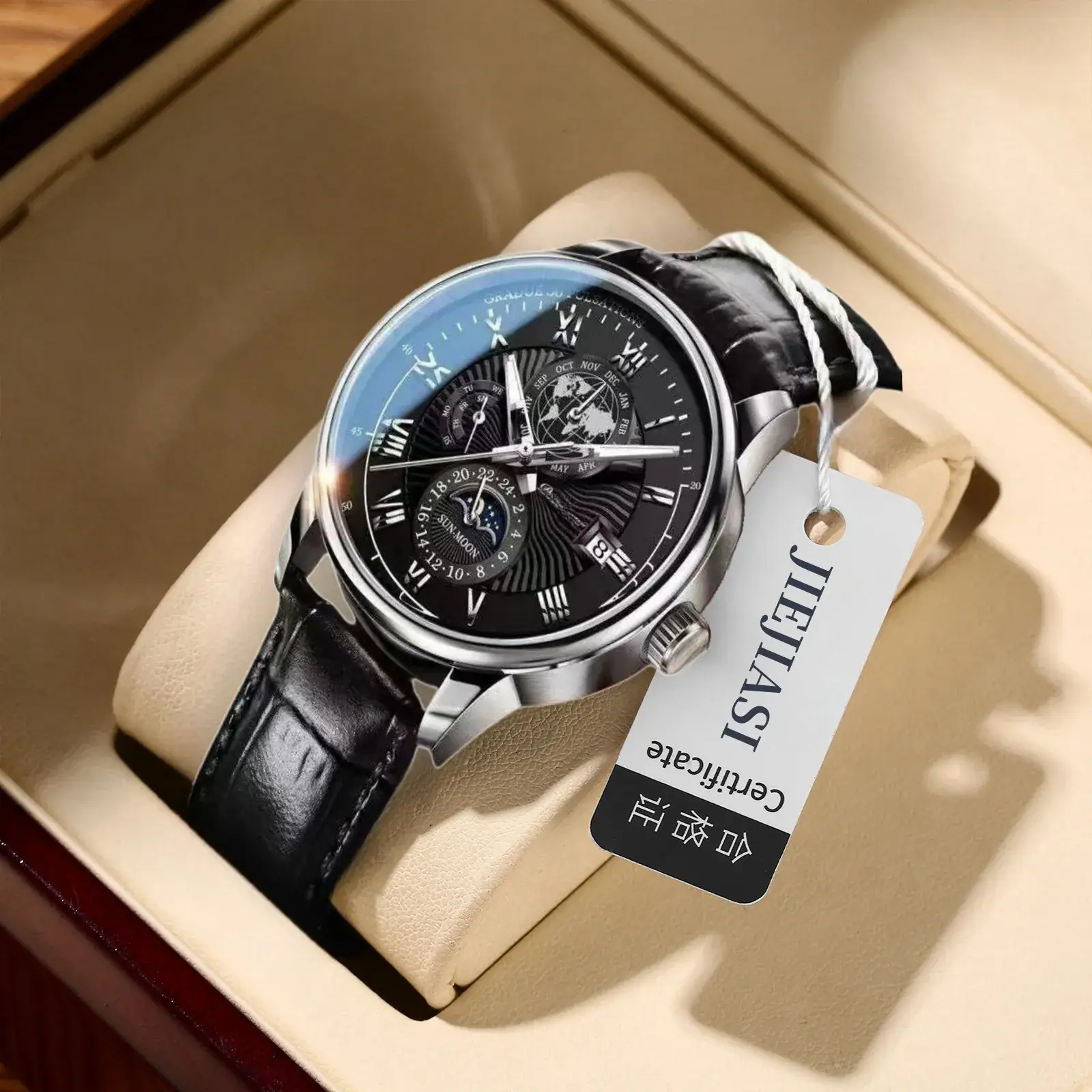 Jiejiashi Men's Waterproof Luminous Calendar Quartz Watch Brown Leather Strap - Image 7