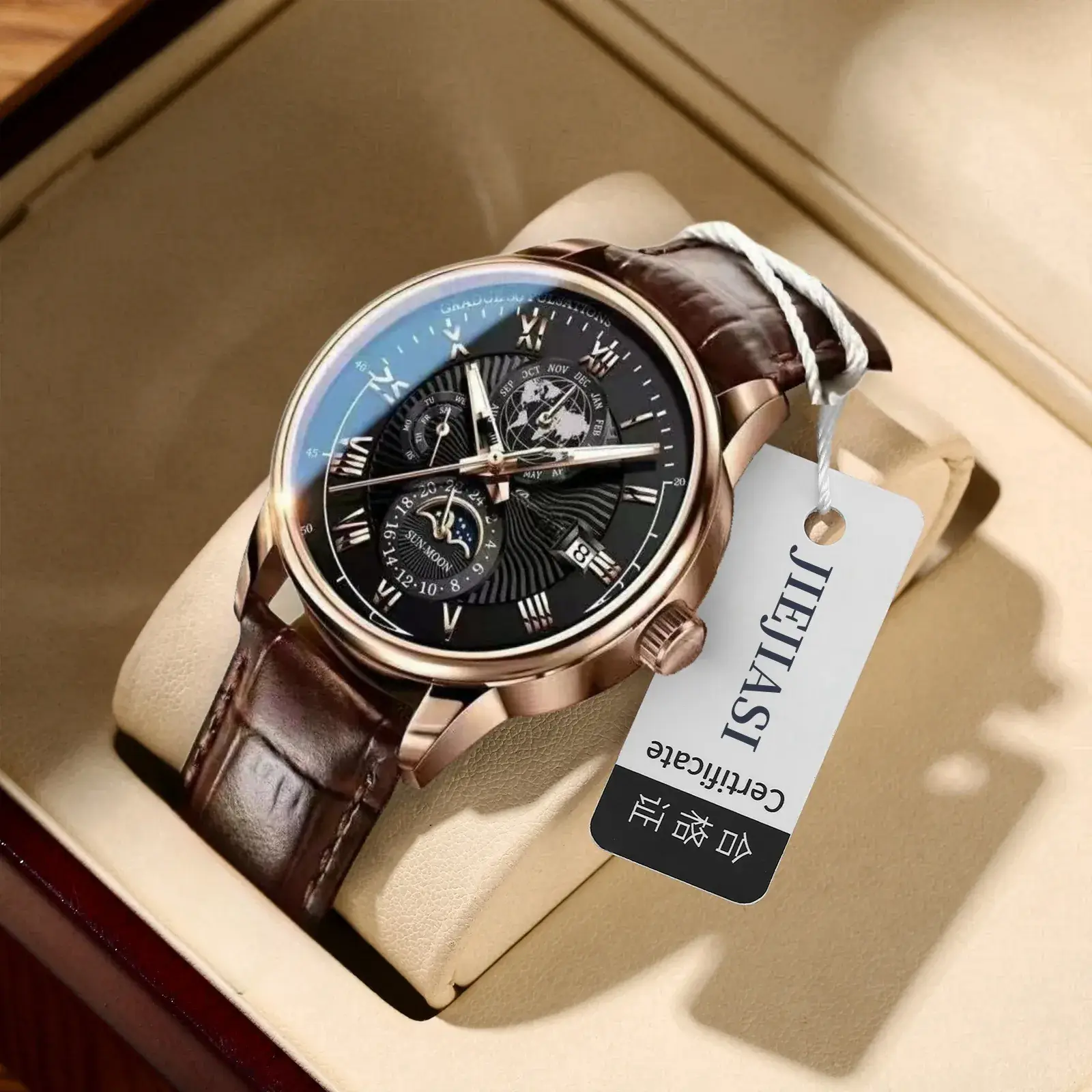 Jiejiashi Men's Waterproof Luminous Calendar Quartz Watch Brown Leather Strap - Image 8