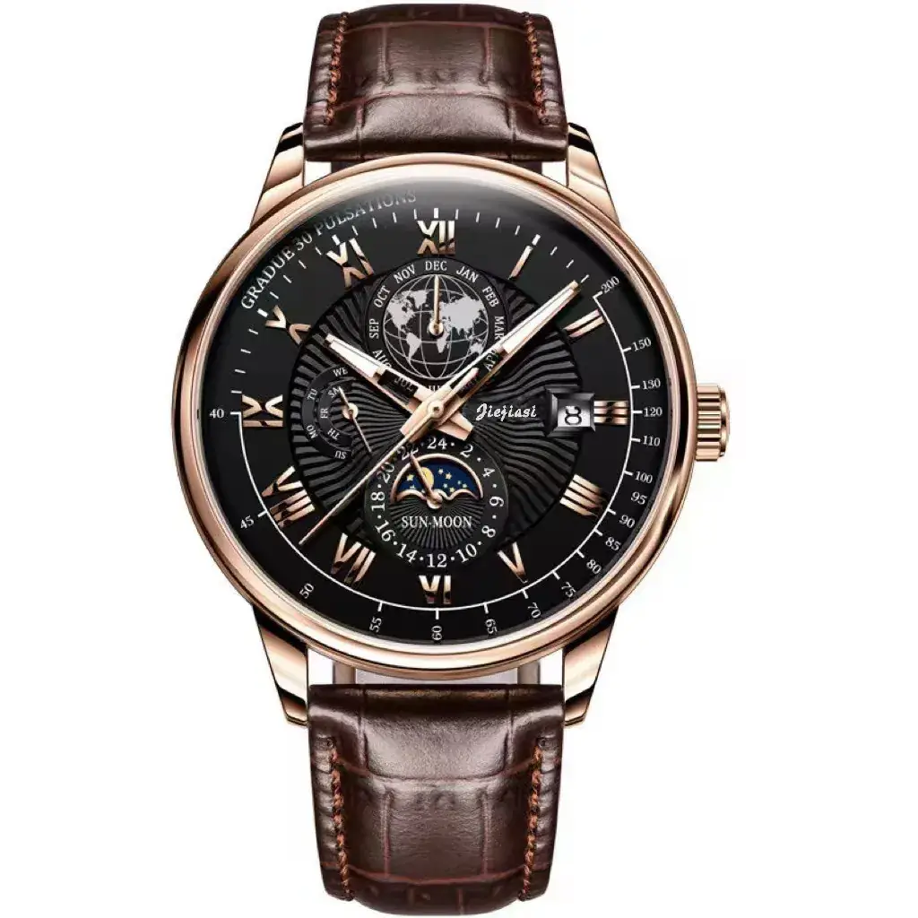 Jiejiashi Men's Waterproof Luminous Calendar Quartz Watch Brown Leather Strap - Image 4