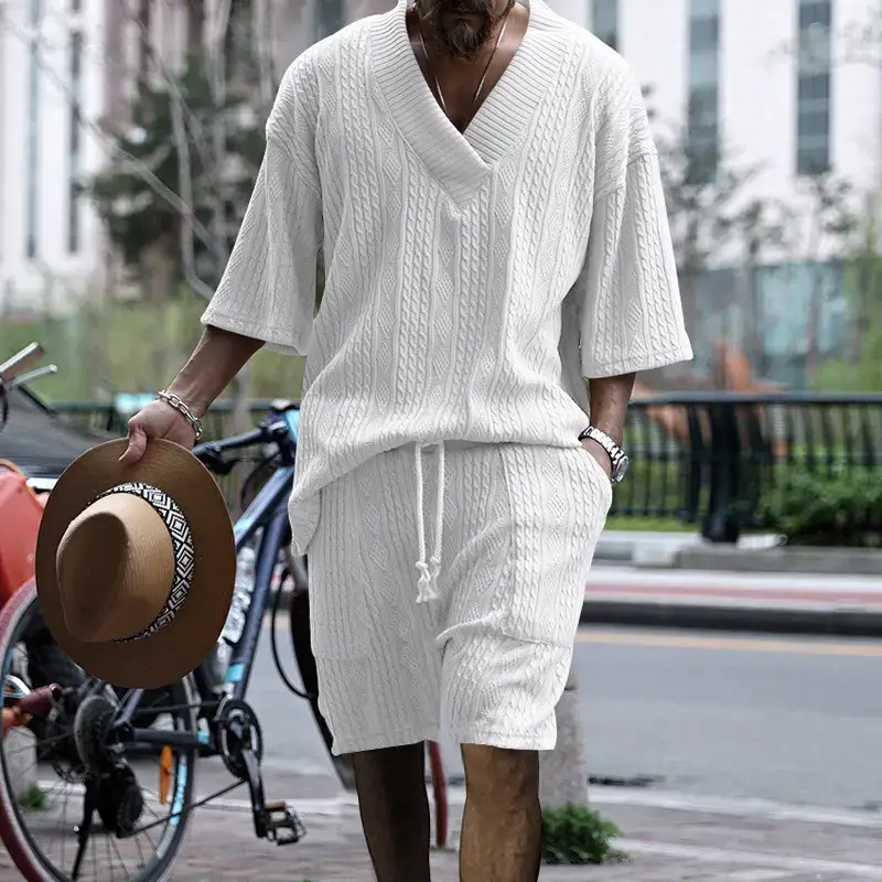 Men's Jacquard Sweater Top Shorts Set Beige