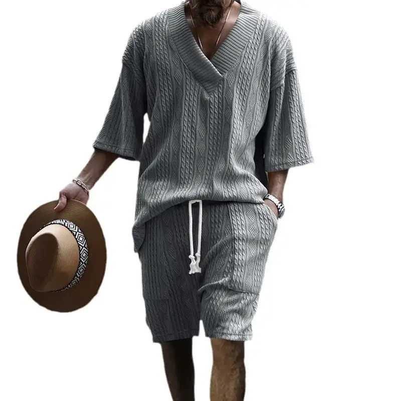 Men's Jacquard Sweater Top Shorts Set Beige