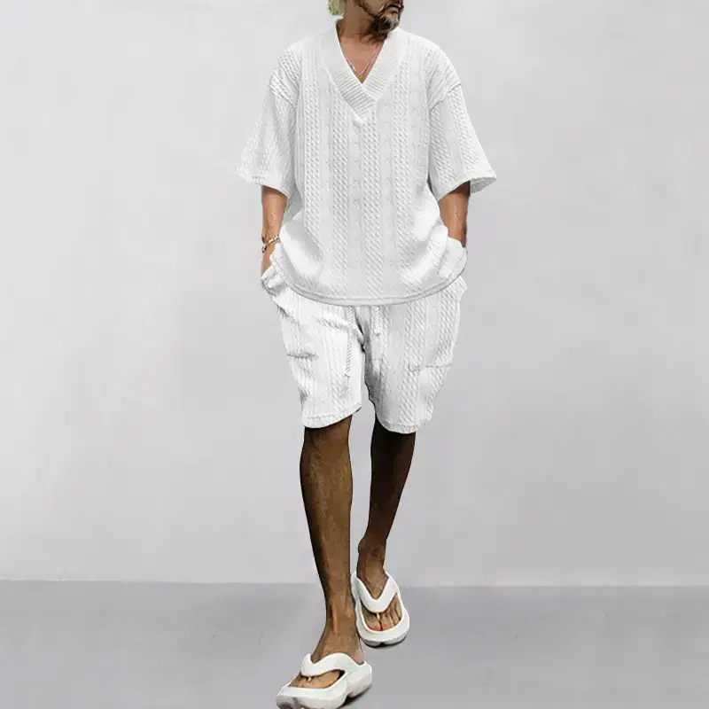 Men's Jacquard Sweater Top Shorts Set Beige — feature 21