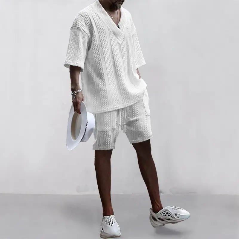 Men's Jacquard Sweater Top Shorts Set Beige — feature 22