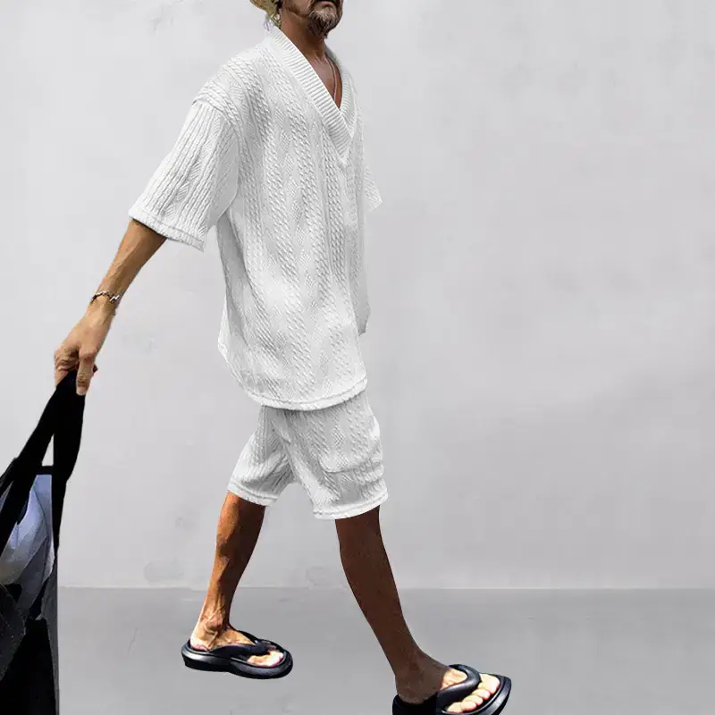 Men's Jacquard Sweater Top Shorts Set Beige — feature 23