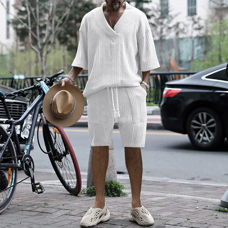 Men's Jacquard Sweater Top Shorts Set Beige — feature 25