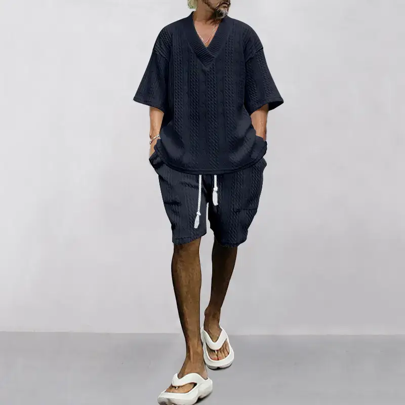 Men's Jacquard Sweater Top Shorts Set Beige — feature 28