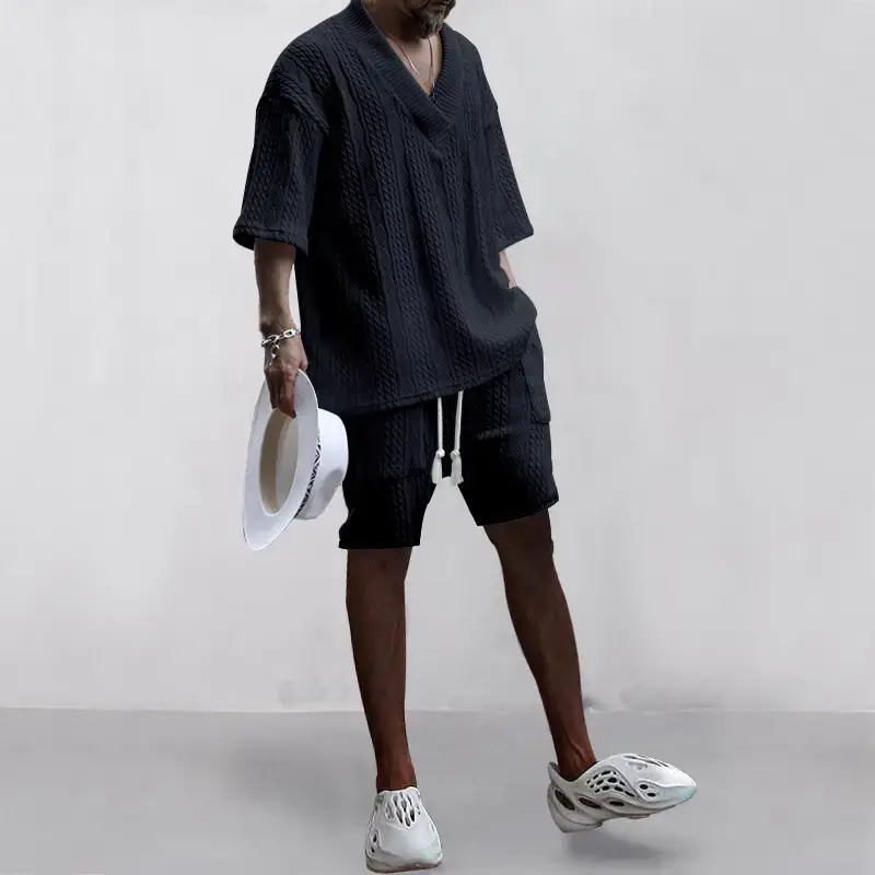 Men's Jacquard Sweater Top Shorts Set Beige — feature 29