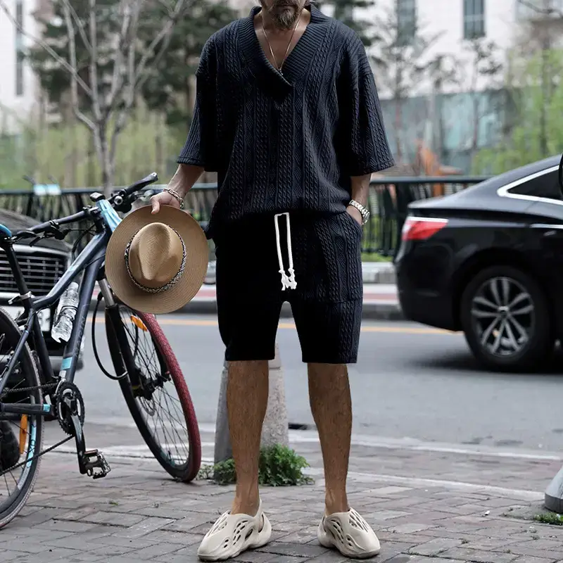 Men's Jacquard Sweater Top Shorts Set Beige — feature 32