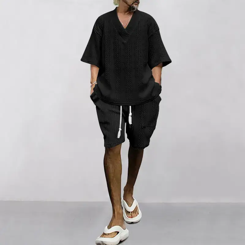 Men's Jacquard Sweater Top Shorts Set Beige — feature 35