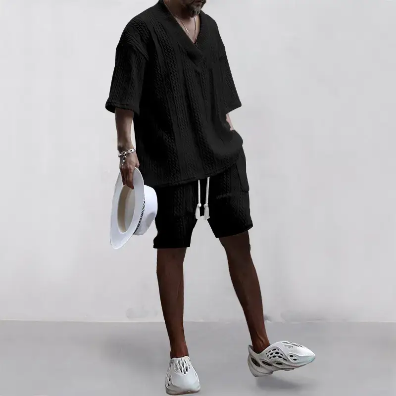Men's Jacquard Sweater Top Shorts Set Beige — feature 36