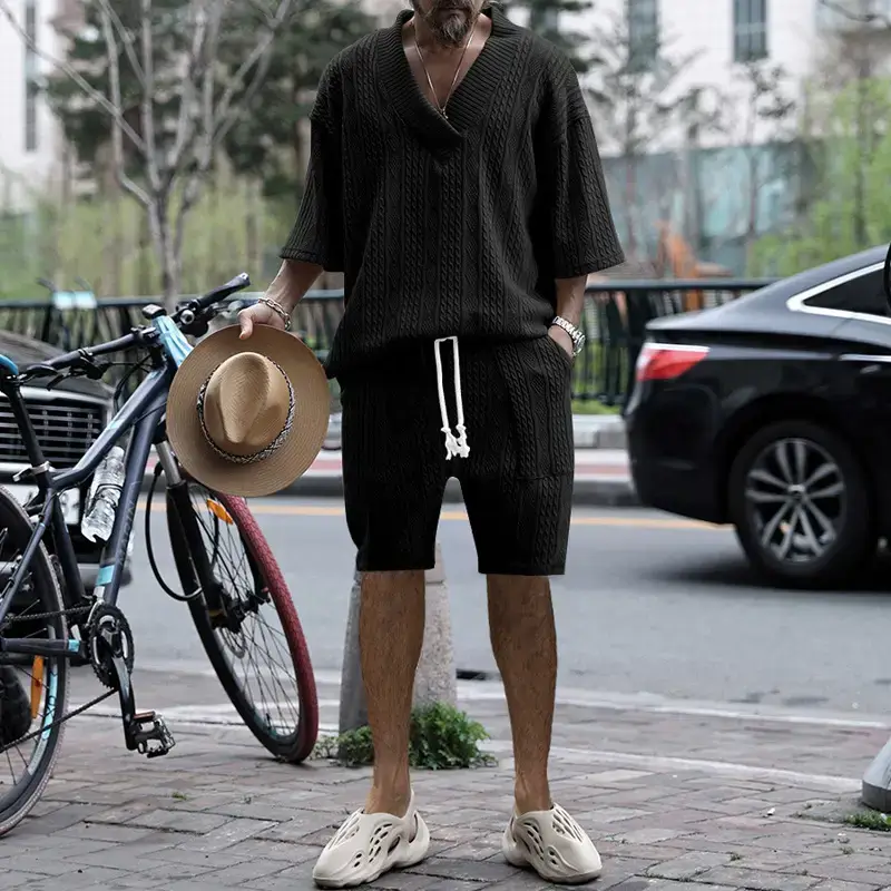 Men's Jacquard Sweater Top Shorts Set Beige — feature 39