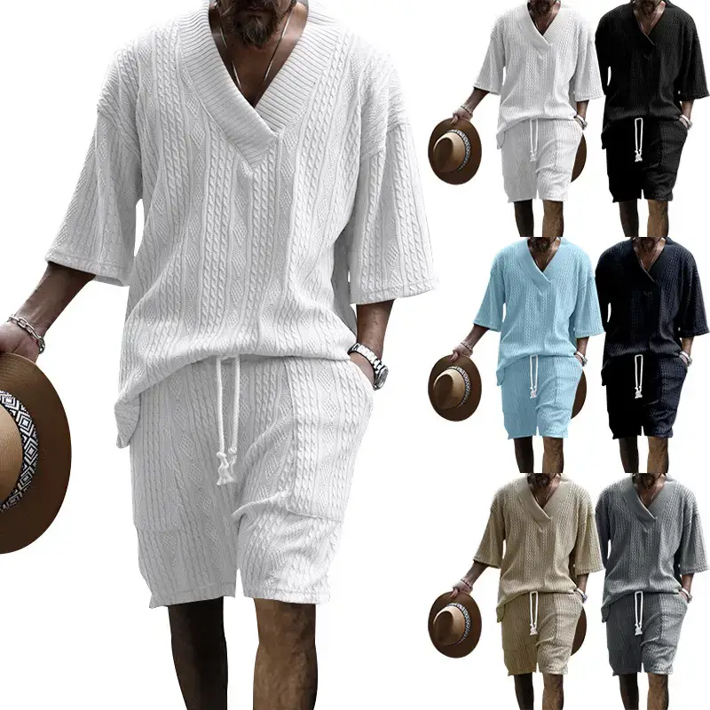 Men's Jacquard Sweater Top Shorts Set Beige — feature 4
