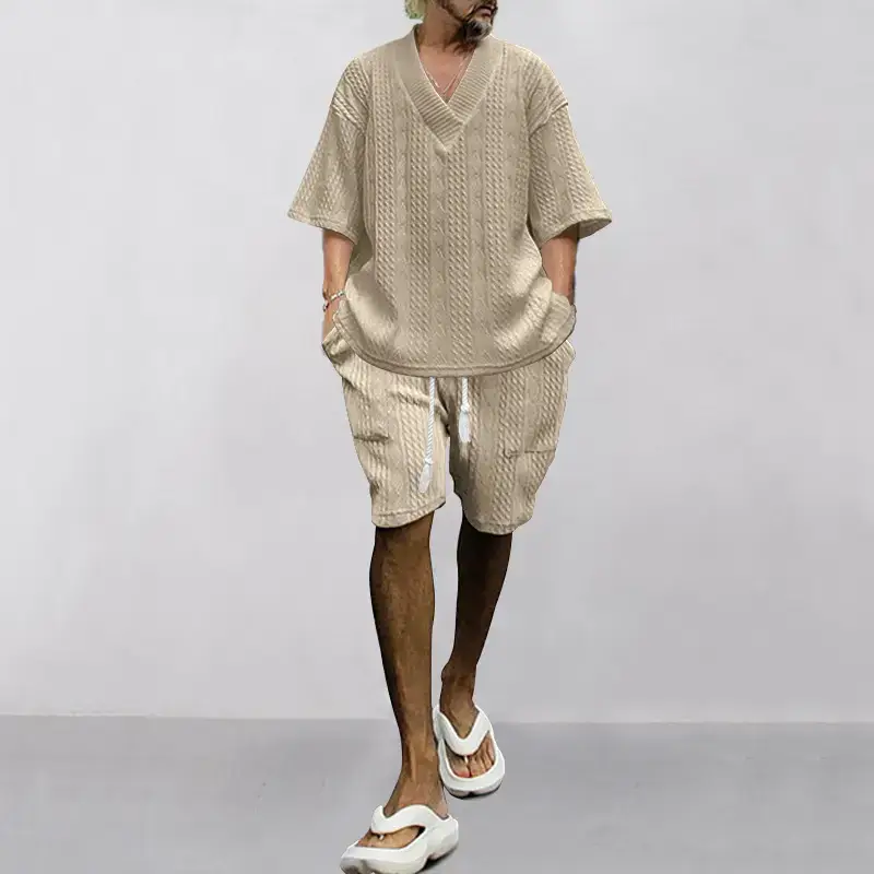 Men's Jacquard Sweater Top Shorts Set Beige — feature 42