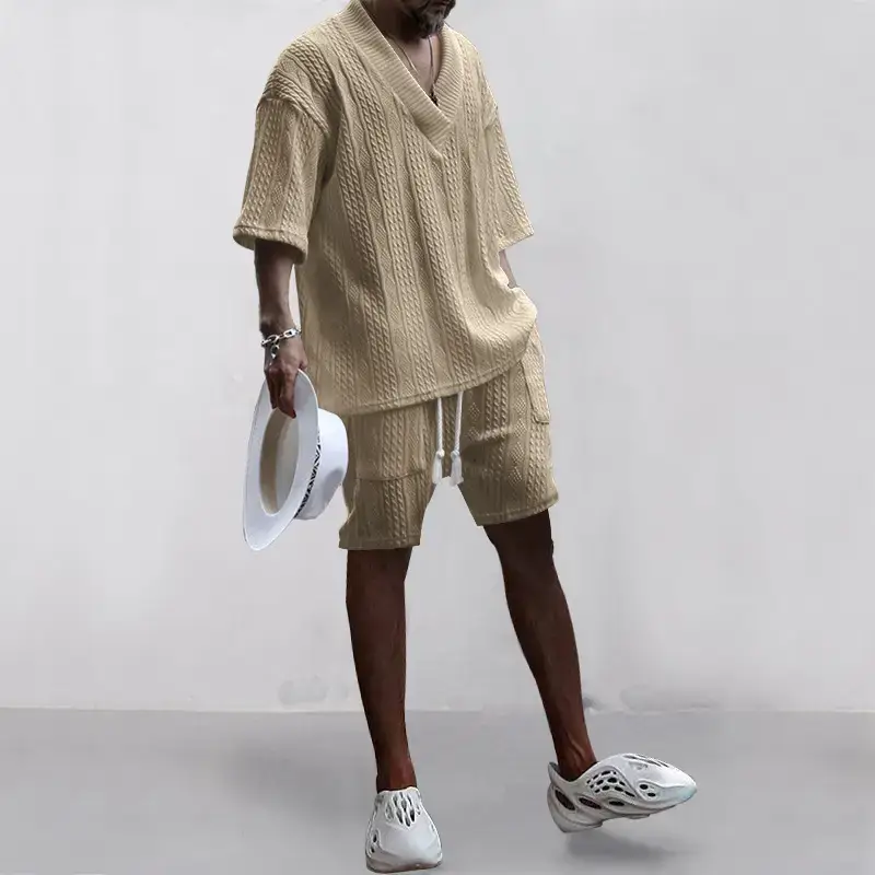 Men's Jacquard Sweater Top Shorts Set Beige — feature 43