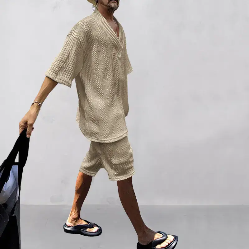 Men's Jacquard Sweater Top Shorts Set Beige — feature 44
