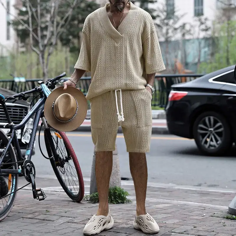 Men's Jacquard Sweater Top Shorts Set Beige — feature 46