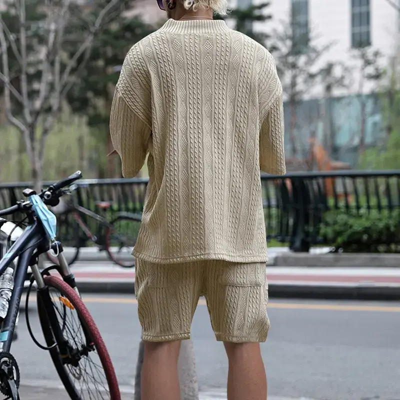 Men's Jacquard Sweater Top Shorts Set Beige — feature 48