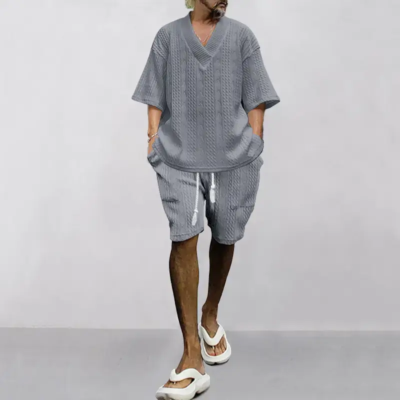Men's Jacquard Sweater Top Shorts Set Beige — feature 49