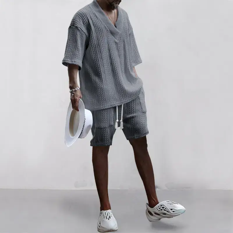 Men's Jacquard Sweater Top Shorts Set Beige — feature 50