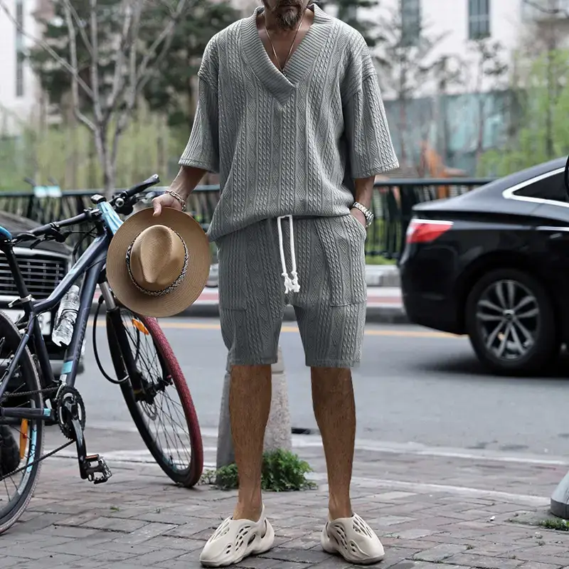 Men's Jacquard Sweater Top Shorts Set Beige — feature 53