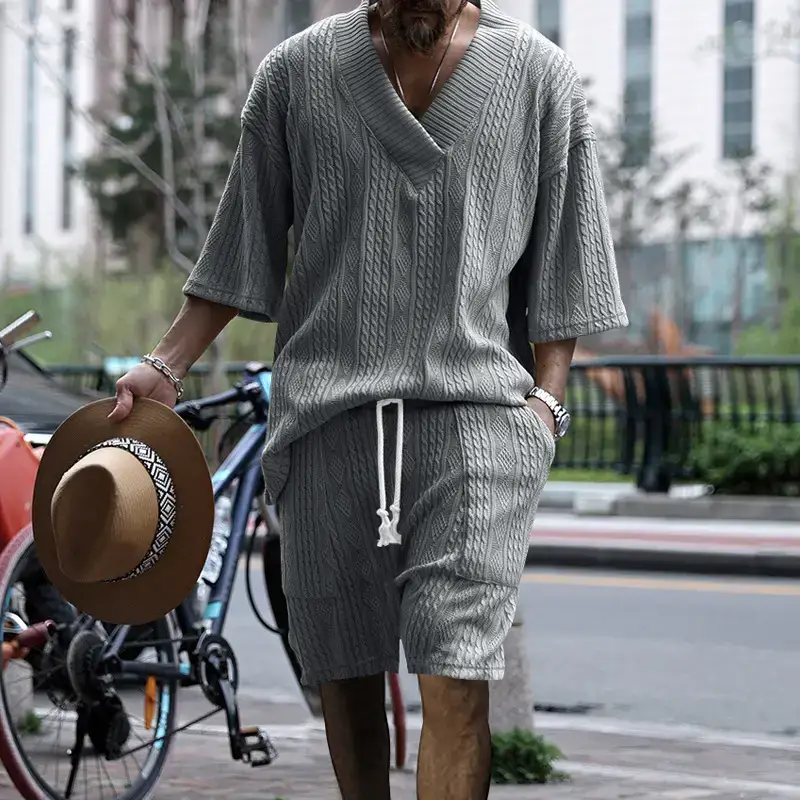Men's Jacquard Sweater Top Shorts Set Beige — feature 54