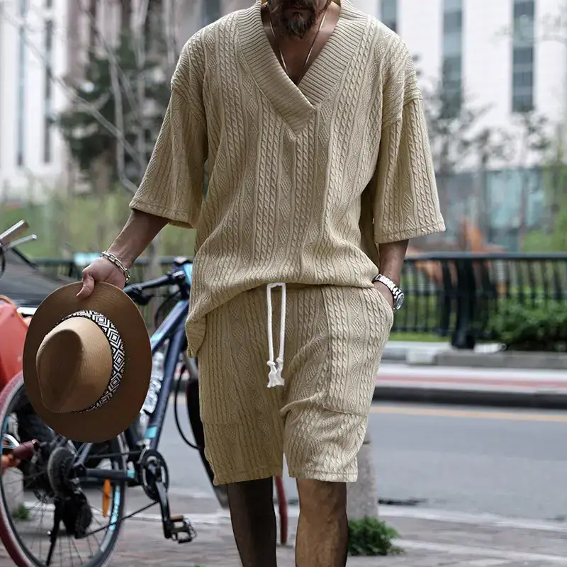 Men's Jacquard Sweater Top Shorts Set Beige