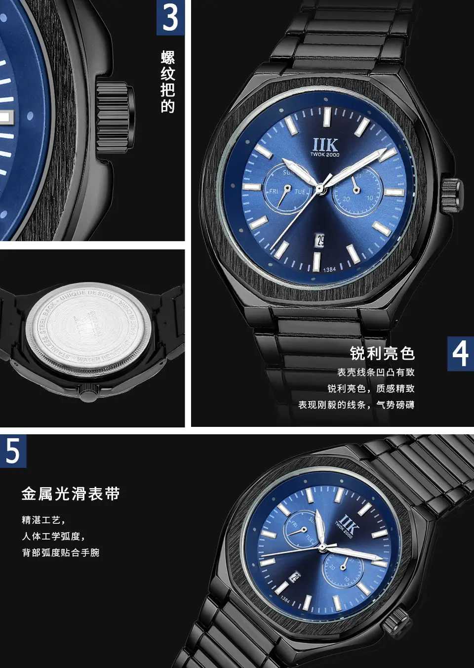 MK Men's Black Chronograph Watch with Blue Dial — feature 7