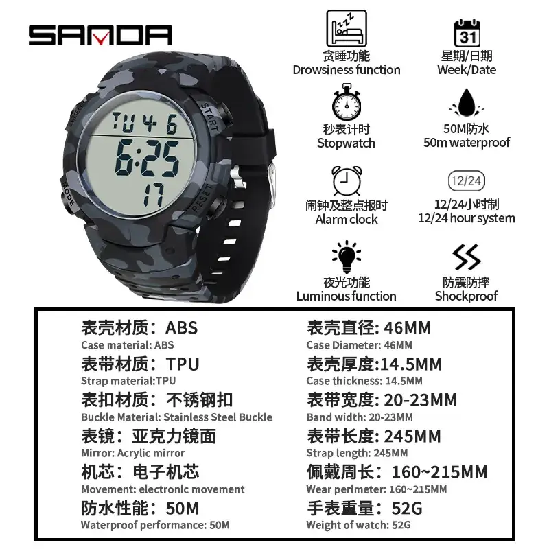 Military Camo Digital Watch for Men Women Drop Proof Waterproof