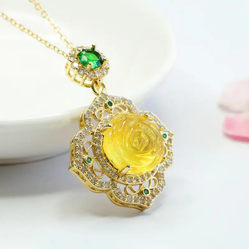 Natural Amber Rose Pendant Gold Necklace Ethnic Style