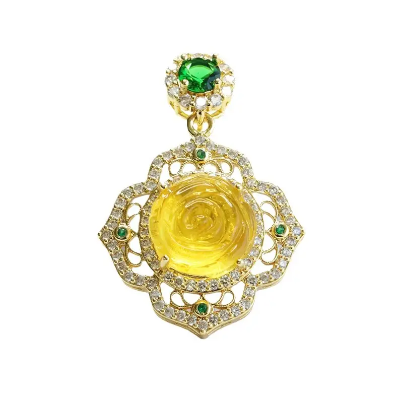 Natural Amber Rose Pendant Gold Necklace Ethnic Style