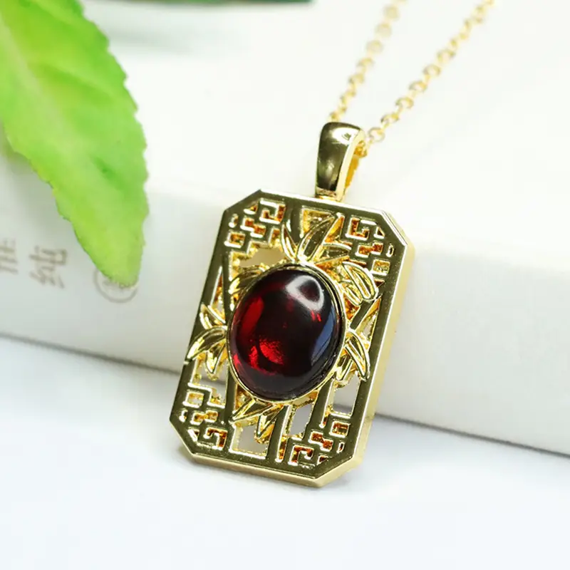 Aiyu Natural Amber Bamboo Square Pendant Necklace Ethnic Style - Image 3